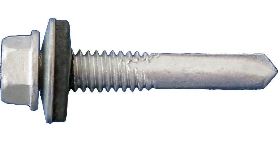 #12-24 x 2" Self-Drilling Screws with Extended Drilling Capacity and Bonded Washers, Hex Washer Head, 5/16" Driver, #5 Point, Tanner-Guard Corrosion Resistant Coating