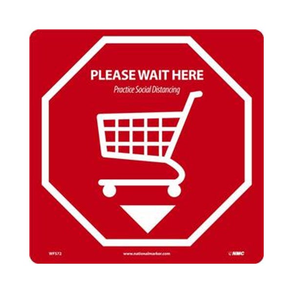 12" x 12" Please Wait Here Walk-On Floor Sign, "Please Wait Here, Practice Social Distancing (Shopping Cart)", Walk-On™ Non-Slip Pressure Sensitive Vinyl with Adhesive Backing - Made in USA