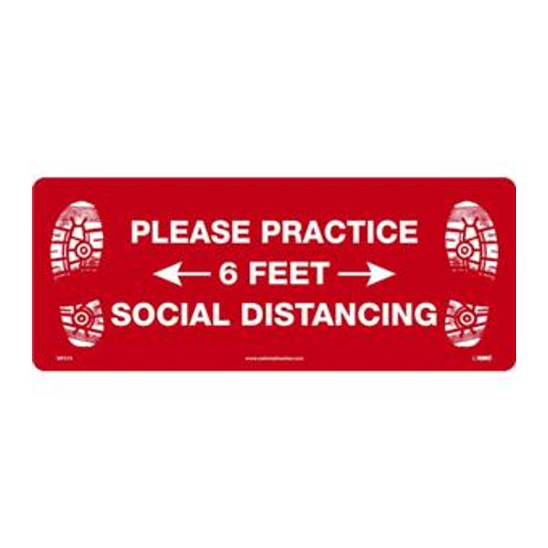 8" x 20" Keep a Safe Distance Walk-On Floor Sign, "Please Practice Social Distancing - 6 Feet (Footprints)", Walk-On™ Non-Slip Pressure Sensitive Vinyl with Adhesive Backing - Made in USA