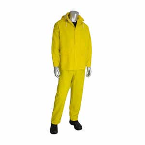 Base35™ Premium 3 Piece Rainsuit, .35mm Thick PVC & Polyester Fabric, Detachable Hood, Storm Flap Front, Bib Overalls, Cape Vented Back, PIP 201-350/L