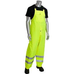 Hi-Visibility ANSI Class E Heavy Duty Waterproof Breathable Bib, 300 D 100% Polyester Shell, 1 Front Chest Pocket, Front Fly Opening with Snap, Adjustable Cuffs, Hi-Vis Yellow, Extra Large