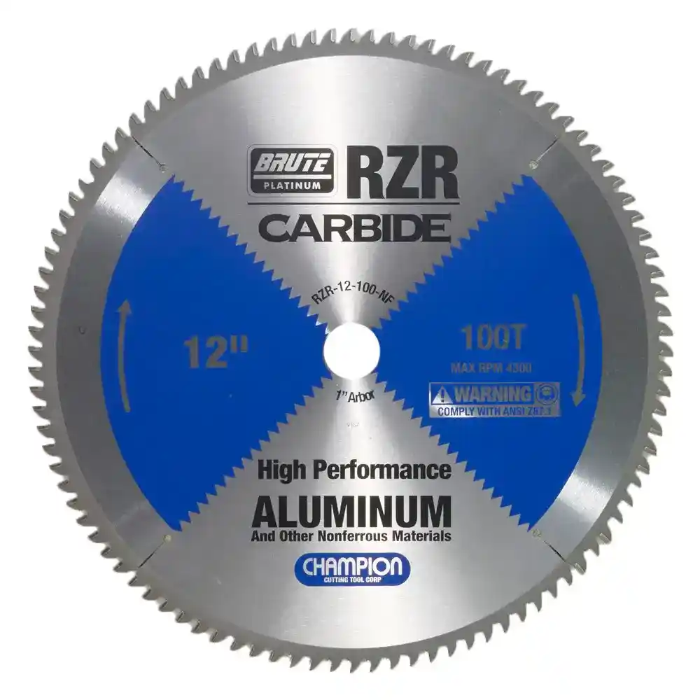12" Brute Platinum RZR Carbide Tipped Circular Saw Blades for Aluminum / Non-Ferrous, 100 Teeth, 1" Arbor, 2.8mm Kerf, 4000 RPM, 3/8" Max Cut Thickness - Champion RZR-12-100-NF