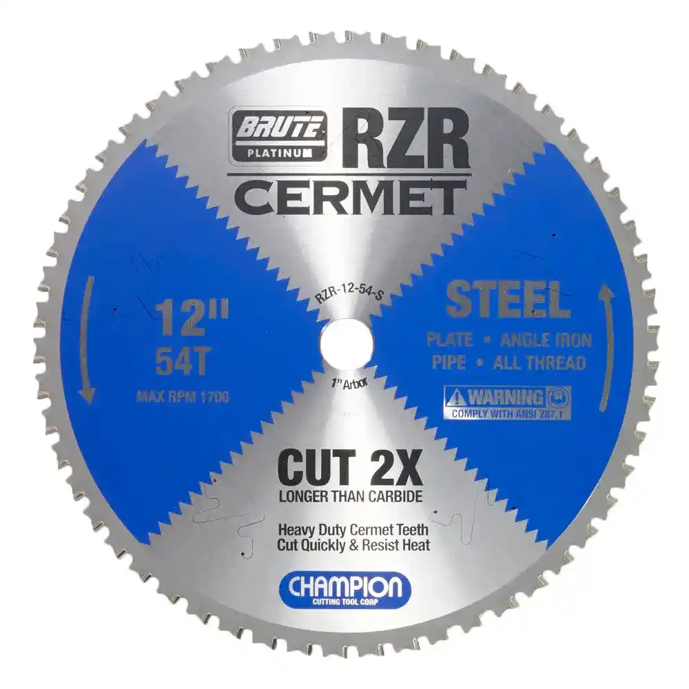 12" Brute Platinum RZR Cermet Tipped Circular Saw Blades for Steel, 54 Teeth, 1" Arbor, 2.2mm Kerf, 1700 RPM, 1" Max Cut Thickness - Champion RZR-12-54-S