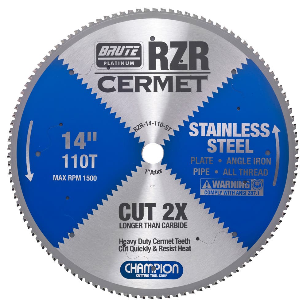 14" Brute Platinum RZR Cermet Tipped Circular Saw Blades for Stainless Steel, 110 Teeth, 1" Arbor, 2.1mm Kerf, 1500 RPM, 1/4" Max Cut Thickness - Champion RZR-14-110-ST