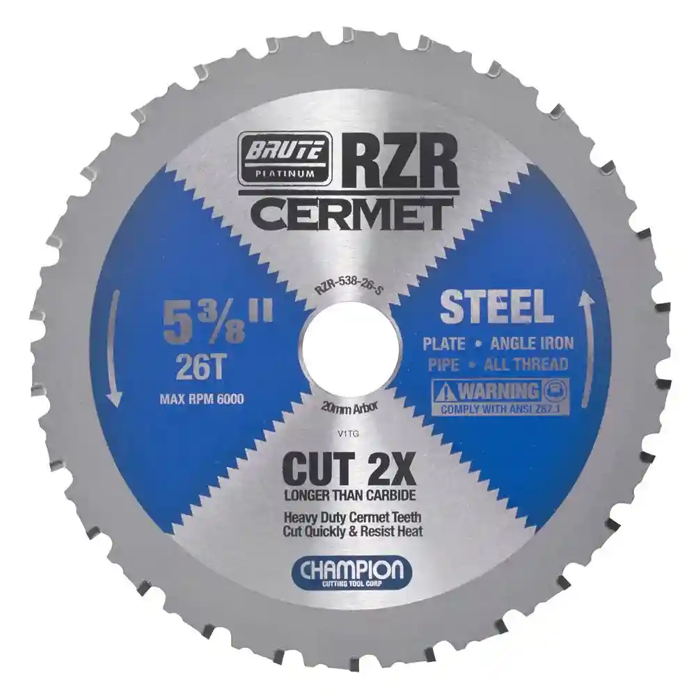 5-3/8" Brute Platinum RZR Cermet Tipped Circular Saw Blades for Steel, 26 Teeth, 20mm Arbor, 1.2mm Kerf, 6000 RPM, 5/16" Max Cut Thickness - Champion RZR-538-26-S
