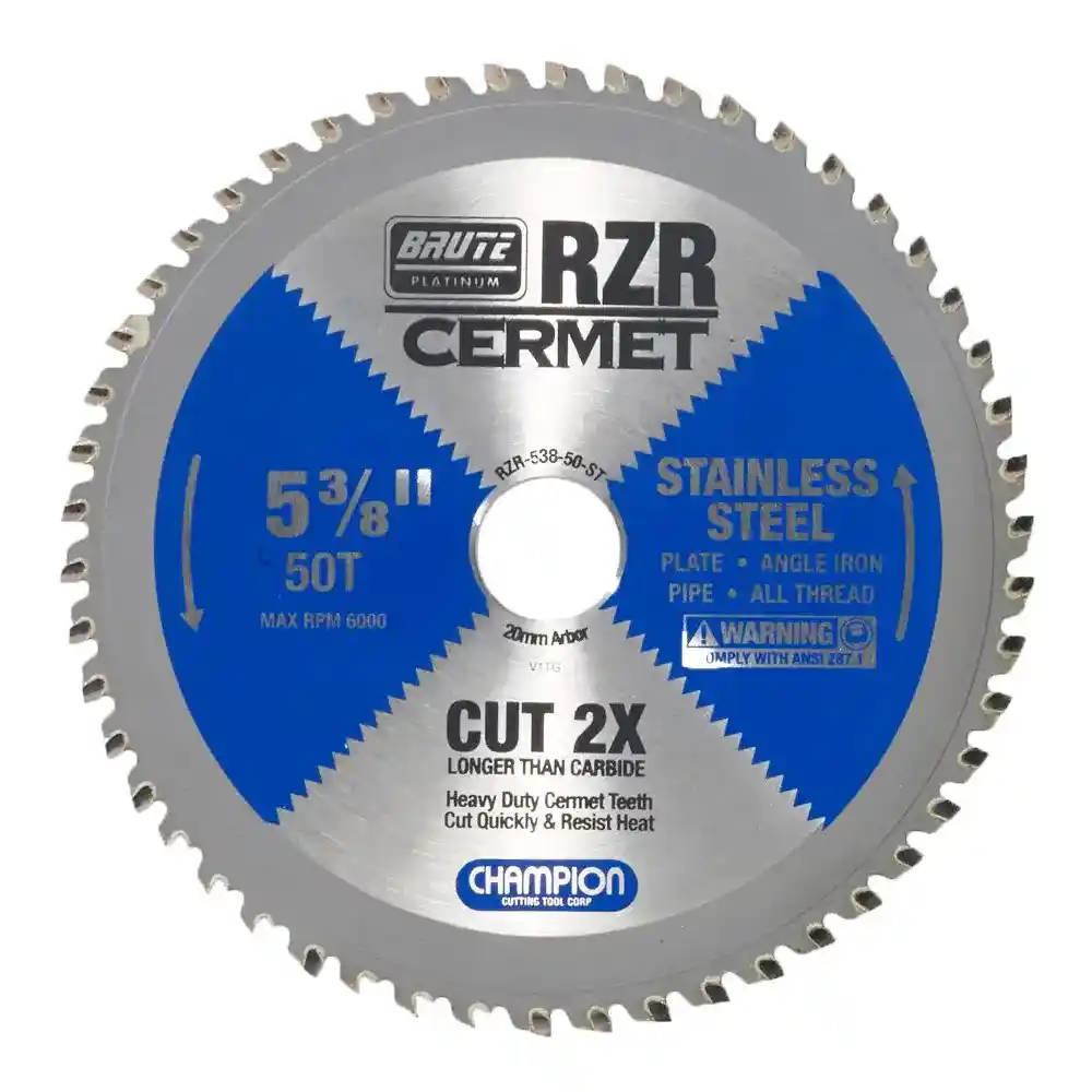 5-3/8" Brute Platinum RZR Cermet Tipped Circular Saw Blades for Stainless Steel, 50 Teeth, 20mm Arbor, 1.5mm Kerf, 6000 RPM, 1/8" Max Cut Thickness - Champion RZR-538-50-ST