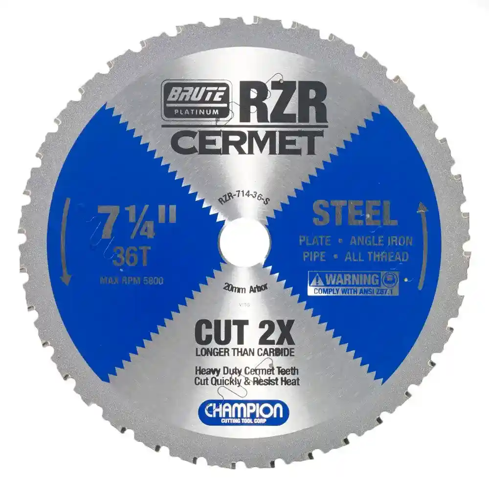 7-1/4" Brute Platinum RZR Cermet Tipped Circular Saw Blades for Steel, 36 Teeth, 20mm Arbor, 1.4mm Kerf, 5500 RPM, 5/16" Max Cut Thickness - Champion RZR-714-36-S