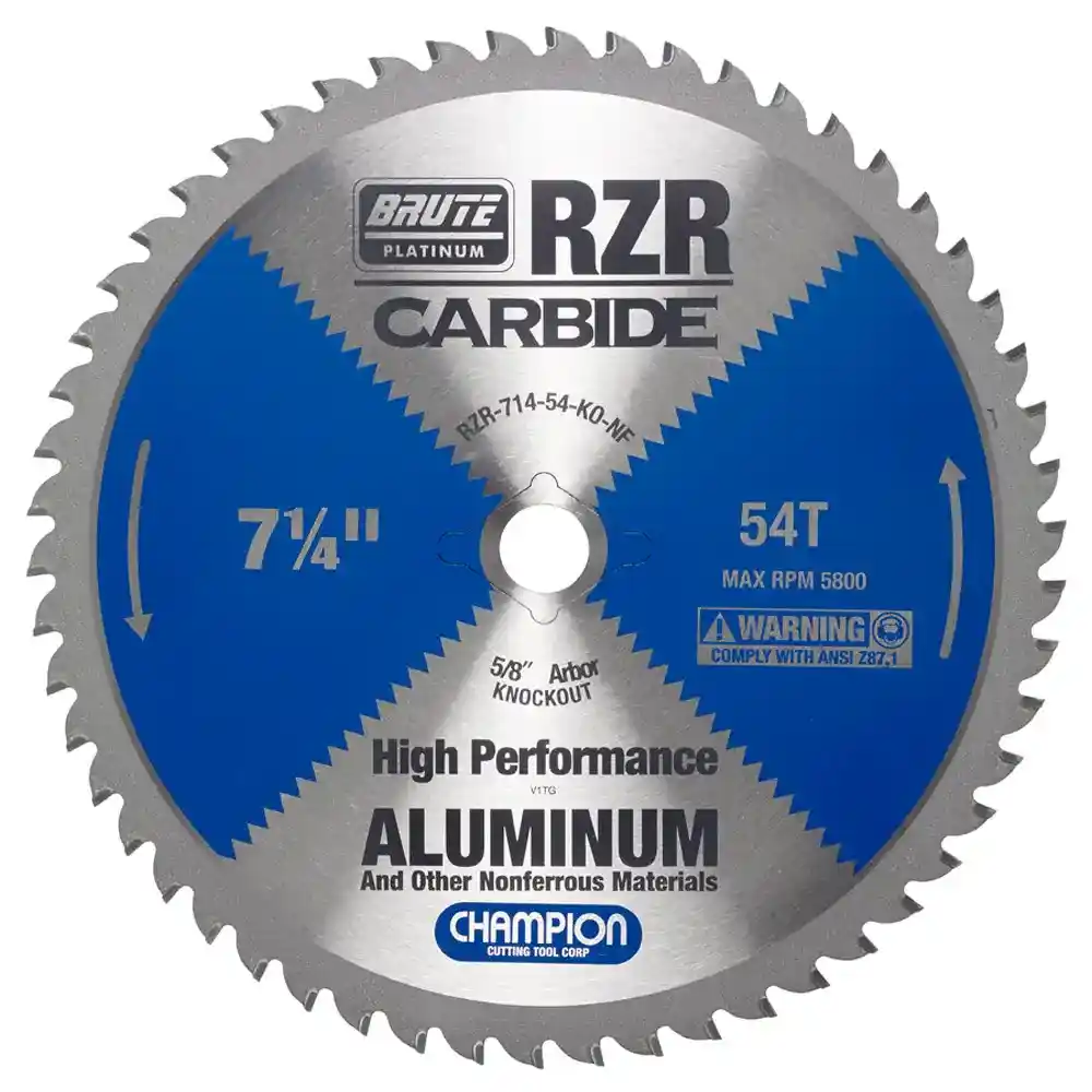 7-1/4" Brute Platinum RZR Carbide Tipped Circular Saw Blades for Aluminum, 54 Teeth, 5/8" KO Arbor, 2.0mm Kerf, 5800 RPM, 5/16" Max Cut Thickness - Champion RZR-714-54-KO-NF