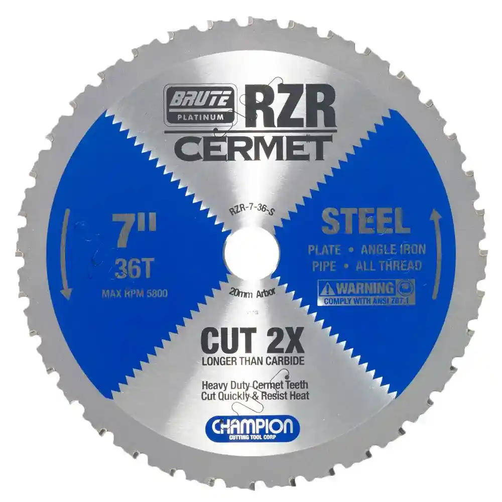 7" Brute Platinum RZR Cermet Tipped Circular Saw Blades for Steel, 36 Teeth, 20mm Arbor, 1.4mm Kerf, 5500 RPM, 5/16" Max Cut Thickness - Champion RZR-7-36-S