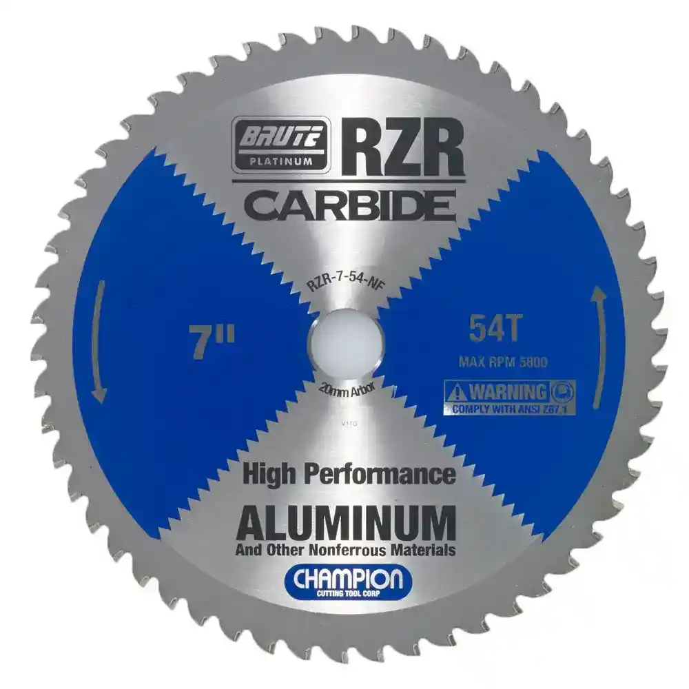 7" Brute Platinum RZR Carbide Tipped Circular Saw Blades for Aluminum / Non-Ferrous, 54 Teeth, 20mm Arbor, 2.0mm Kerf, 5500 RPM, 3/8" Max Cut Thickness - Champion RZR-7-54-NF