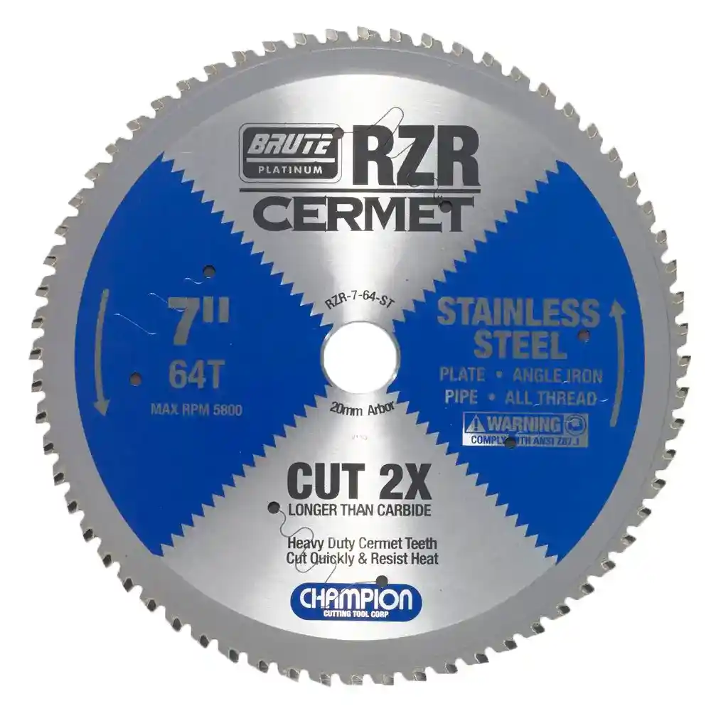 7" Brute Platinum RZR Cermet Tipped Circular Saw Blades for Stainless Steel, 64 Teeth, 20mm Arbor, 1.5mm Kerf, 5500 RPM, 1/8" Max Cut Thickness - Champion RZR-7-64-ST