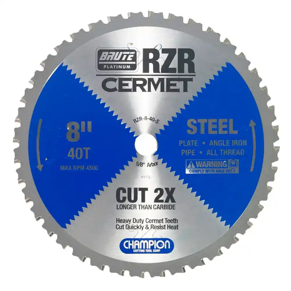 8" Brute Platinum RZR Cermet Tipped Circular Saw Blades for Steel, 40 Teeth, 5/8" Arbor, 1.8mm Kerf, 4500 RPM, 1/2" Max Cut Thickness - Champion RZR-8-40-S