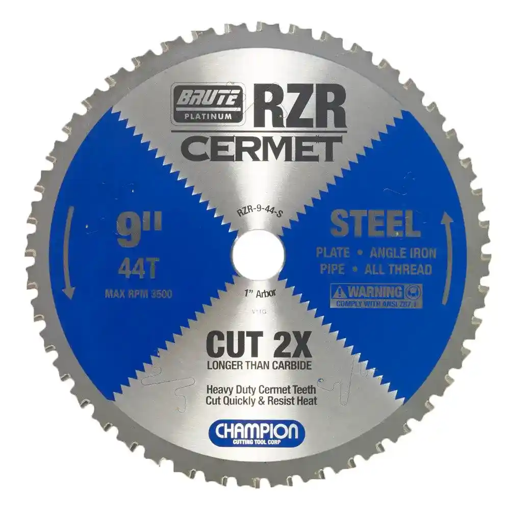 9" Brute Platinum RZR Cermet Tipped Circular Saw Blades for Steel, 44 Teeth, 1" Arbor, 2.0mm Kerf, 3500 RPM, 1/2" Max Cut Thickness - Champion RZR-9-44-S