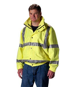Hi-Vis ANSI Class 3 Uninsulated Bomber Jacket, PU-Coated Polyester, Water Resistant, Nylon Lining, Detachable Hood, Yellow, SWB-BS3Y-L - Large