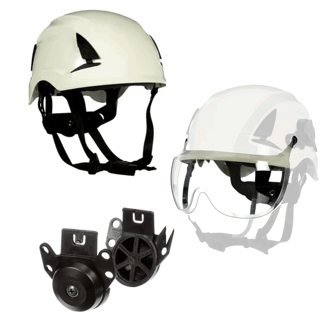3M™ SecureFit™ Safety Helmet Kit w/X5001-ANSI White Helmet, 6 Point Ratchet Suspension, Meets ANSI Z89.1, ABS Construction including a 3M Clear Short Visor and Peltor Adaptor Clip