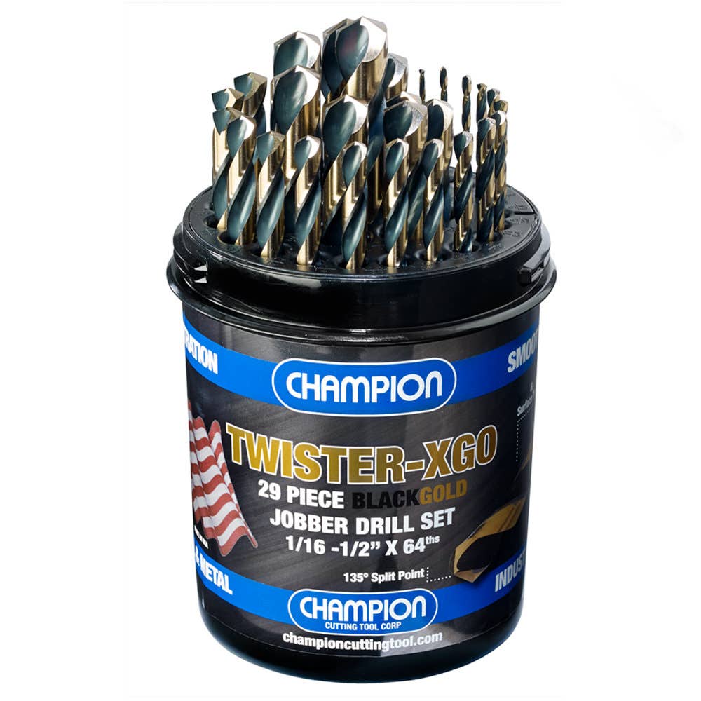 29 Piece XGO BlackGold Heavy Duty Jobber Drill Twister Set, 1/16" - 1/2" by 64ths, Champion TWISTER-XGO