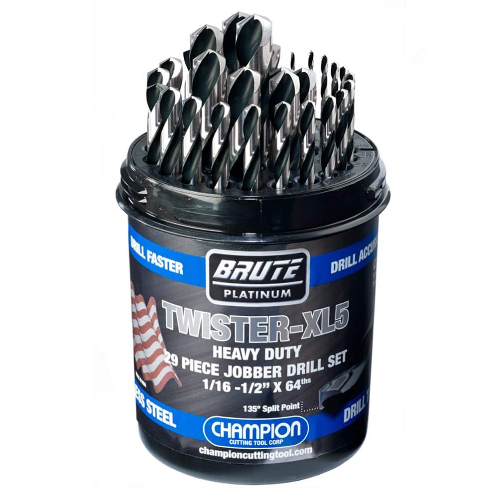 Champion XL5 Twister Jobber Drills, 29 Piece Set, 1/16" to 1/2" x 64ths