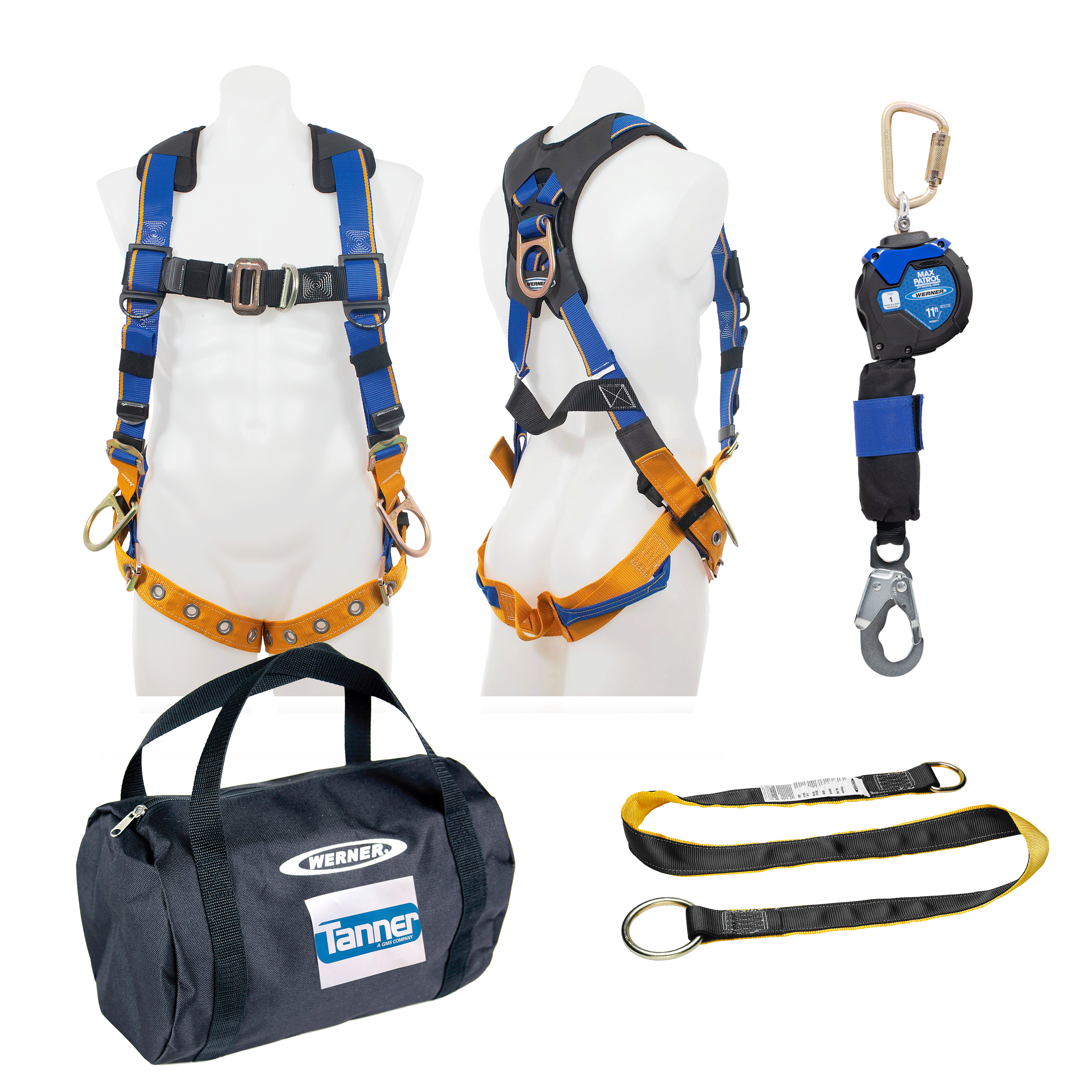 The Professional -  4-Piece M/L Fall Protection Safety Kit by Tanner, Includes 11’ Web SRL, Safety Tongue-Buckle Harness, and 4’ Cross Arm Safety Strap with Duffel Bag from Werner.
