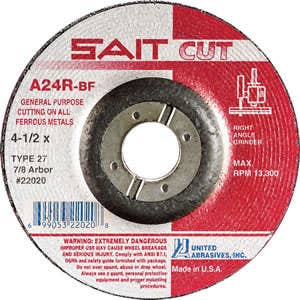 3" x 1/8" x 3/8" A24R - General Purpose Specialty Cutting Wheels, Type 27, 18,000 Max RPM, United Abrasives 22000