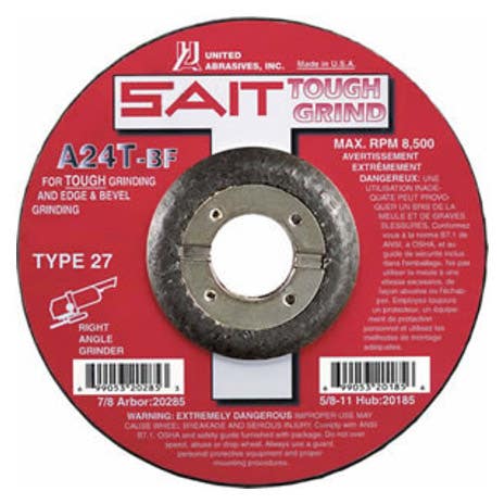 7" x 1/4" x 7/8" A24T - Edge Grinding Depressed Center Grinding Wheels, Type 27, 8,500 Max RPM, United Abrasives 20285