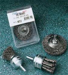 1-1/2" End Brushes, .012" Circle Flared Crimped Wire, 1/4" Shank, 5/16" Trim Length, 1-3/4" Overall Length, 20,000 Max RPM, Blue Line POS Display Packaging, United Abrasives 06710