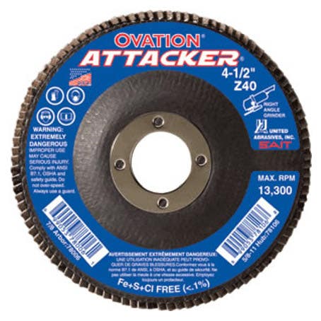 6" x 7/8" Z Premium Zirconium Grain Ovation Attacker Flap Discs, Type 27, 120 Grit, High Density, United Abrasives 76241