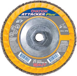 5" x 5/8"-11 Ovation Attacker Plus+ Flap Discs with Super-Lock™ Hub, 36 Grit, Type 27, Premium Zirconium Grain, 12,200 Max RPM, Plastic Backing, High Density, United Abrasives 72320