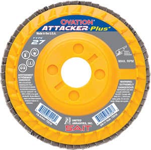 5" x 7/8" Ovation Attacker Plus+ Flap Discs, 36 Grit, Type 27, Premium Zirconium Grain, 12,200 Max RPM, Plastic Backing, High Density, United Abrasives 72220
