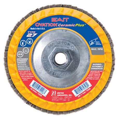 4-1/2" x 5/8"-11 SAIT Ovation Ceramic Plus+ Flap Discs with Super-Lock™ Hub, 36 Grit, Type 27, Premium Ceramic Grain, 13,300 Max RPM, Plastic Backing, High Density, United Abrasives 72326