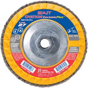 5" x 5/8"-11 SAIT Ovation Ceramic Plus+ Flap Discs with Super-Lock™ Hub, 36 Grit, Type 27, Premium Ceramic Grain, 12,200 Max RPM, Plastic Backing, High Density, United Abrasives 72332