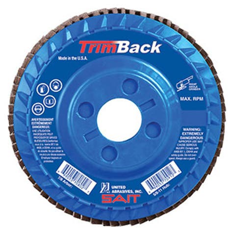 4-1/2" x 5/8"-11 Trimback Flap Discs, Type 29, Premium Zirconium Grain - Regular Density on Plastic Backing Plate, 36 Grit, 13,300 Max RPM, United Abrasives 70910