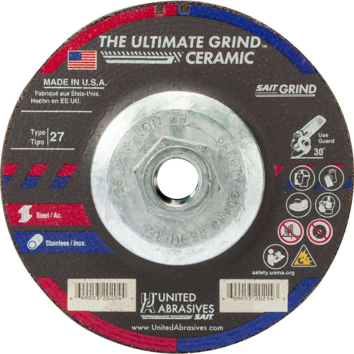 7" x 1/4" x 5/8"-11 The Ultimate Grind™ Ceramic Grinding Wheels, Type 27, Max RPM 8,500, United Abrasives 20217