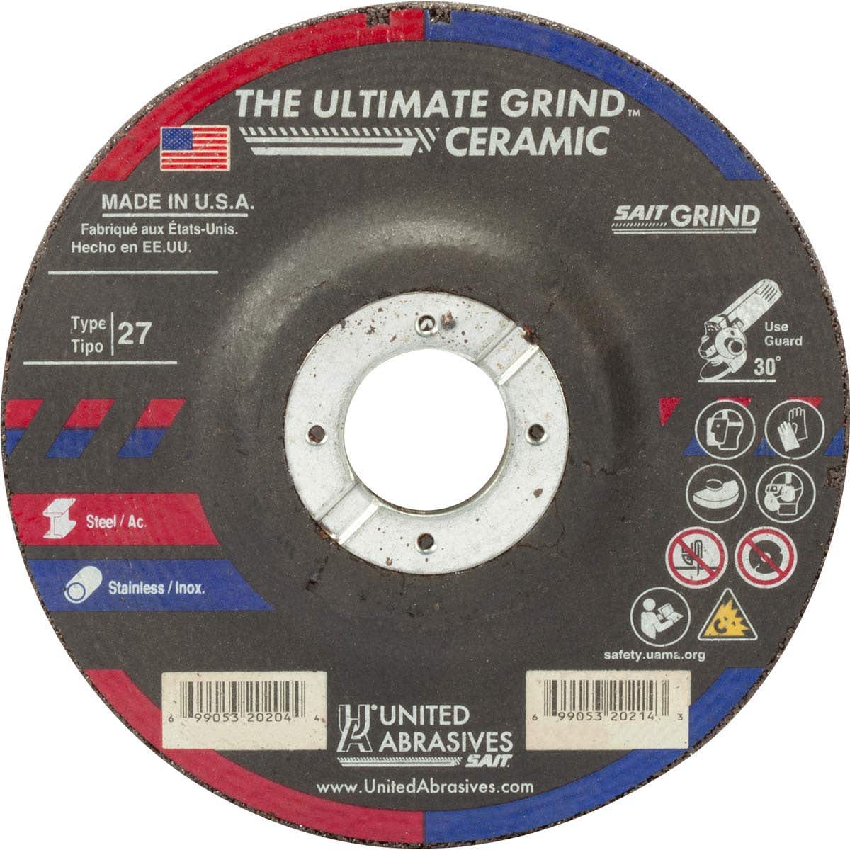 7" x 1/4" x 7/8" The Ultimate Grind™ Ceramic Grinding Wheels, Type 27, Max RPM 8,500, United Abrasives 20207