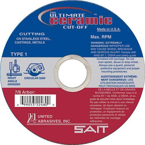 5" x .045" x 7/8" The Ultimate Ceramic Cut Off Thin High Speed Cut Off Wheels, Premium Ceramic Aluminum Oxide Grain, Type 1, 12,200 Max RPM, United Abrasives 22481