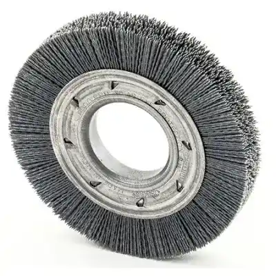 4" Large Diameter Nylon Abrasive Brush Wheel, 5/8" Arbor, 120 Grit, 5/8" Face Width, 3/4" Trim Length, 12,000 Max RPM, United Abrasives 04130