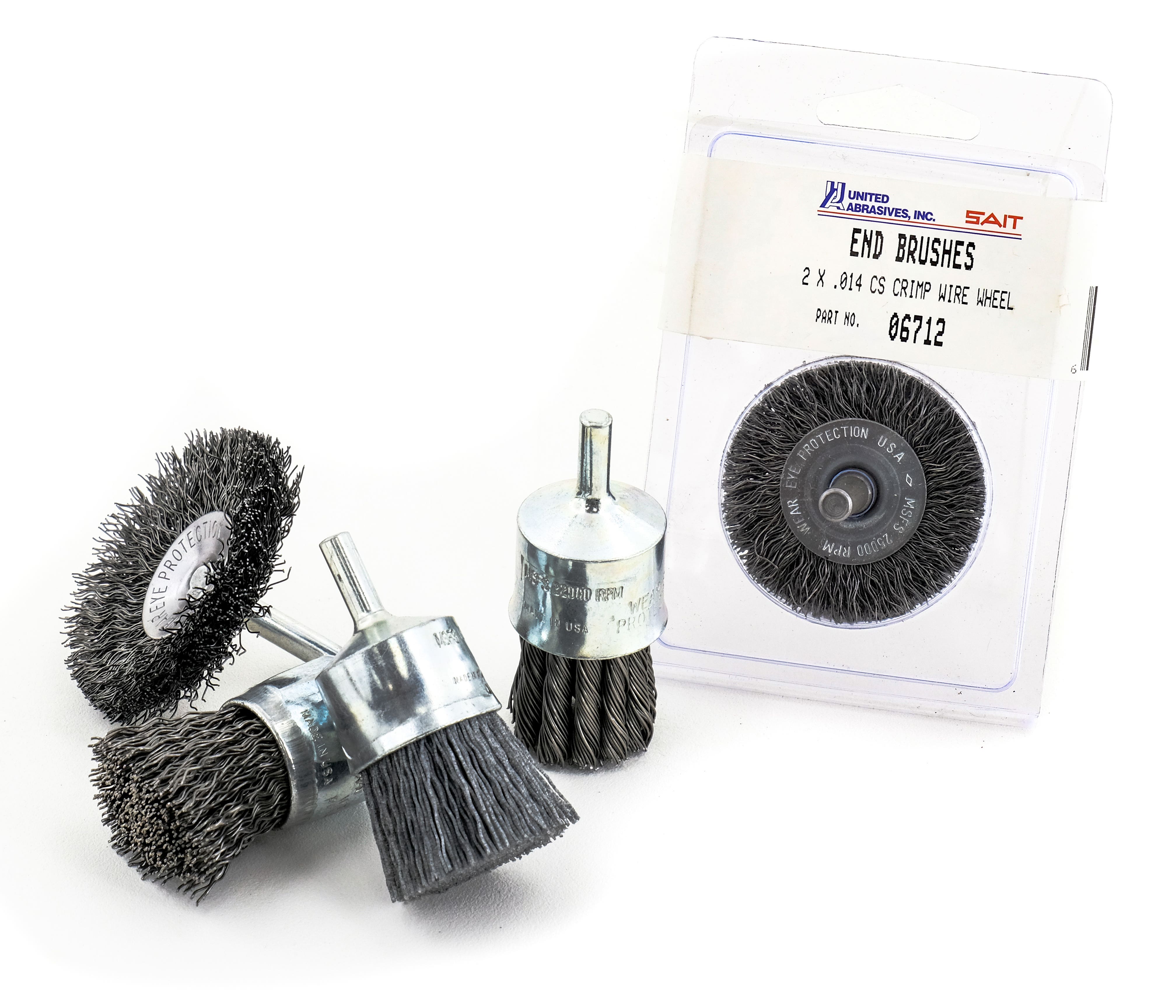 3" End Brushes, .014" 302 Stainless Steel Circle Wire Wheel, 1/4" Shank, 15/16" Trim Length, 1-1/4" Overall Length, 25,000 Max RPM, United Abrasives 02714