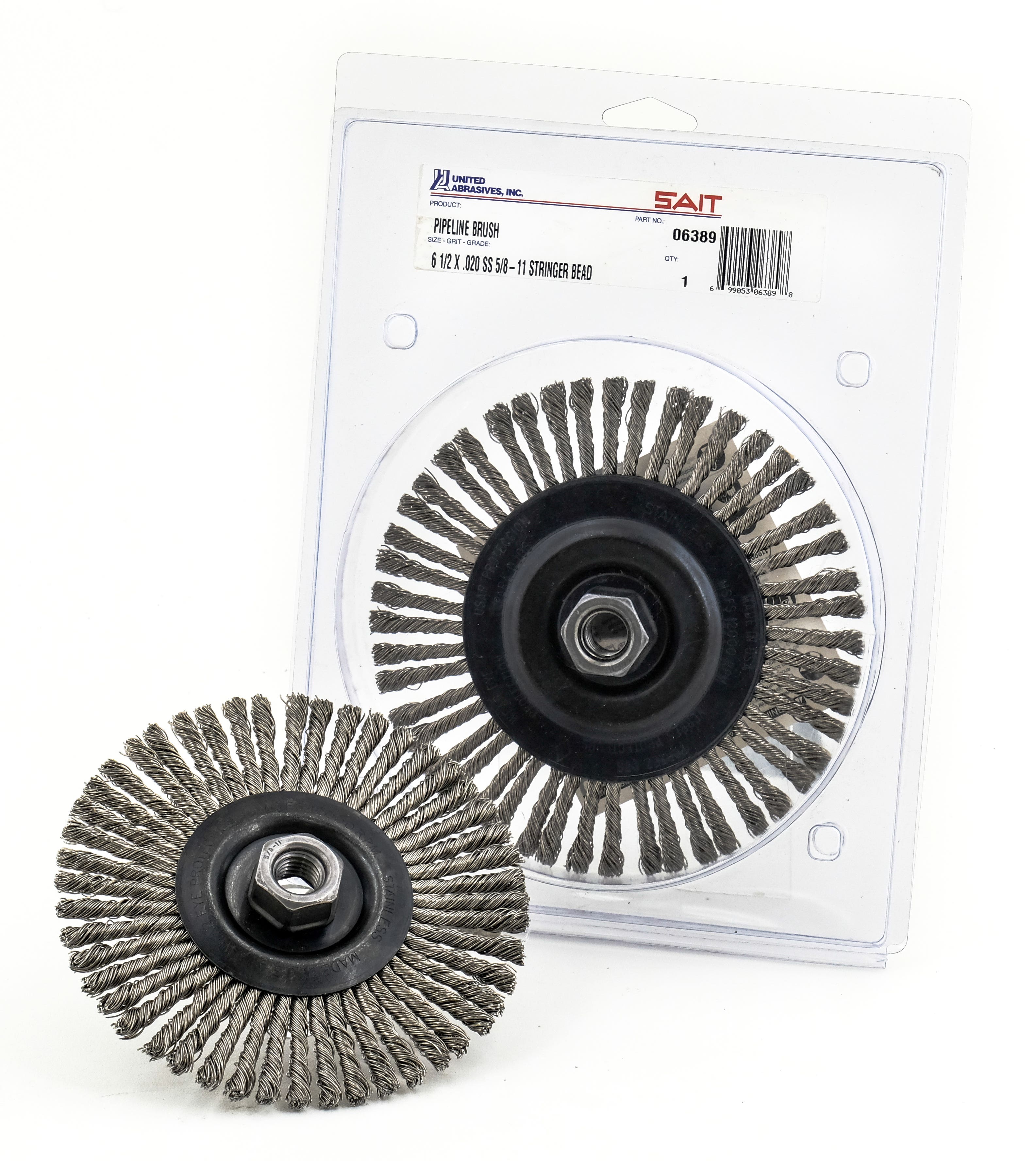 5" x .020" x 5/8"-11 Pipeline Brushes, Stringer Bead Twist Carbon Steel Wire, 12,000 Max RPM, Blue Line POS Display Packaging, United Abrasives 06380