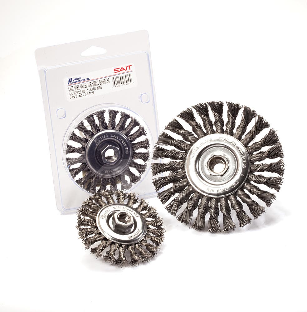 3" x .014" x (1/2" or 3/8") Knot Wire Wheels, 302 Stainless Steel, 25,000 Max RPM, United Abrasives 03376