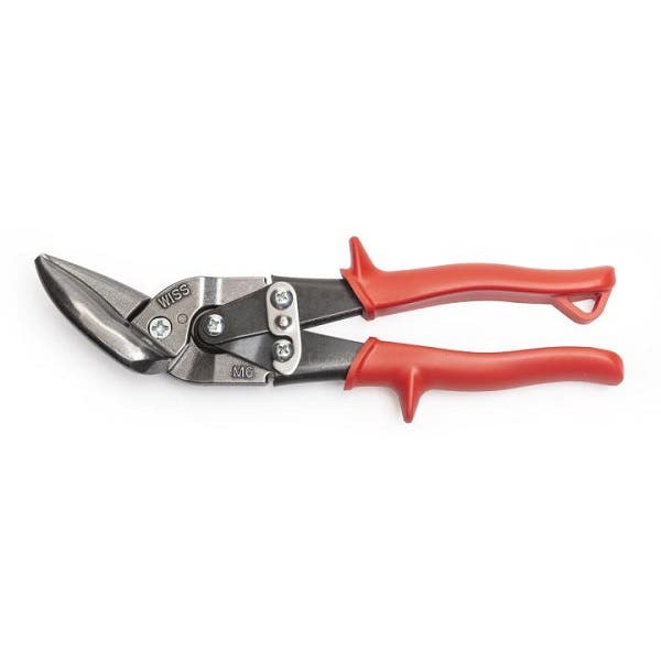 Wiss 9-1/4" Offset Aviation Snips, 1-1/4" Blade Length, Left / Straight Cut Direction, 18 Gauge Low Carbon Steel Cutting Capacity, Red