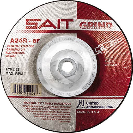 4-1/2" x 1/4" x 5/8"-11 A24R - Long Life Depressed Center Grinding Wheels, Type 28, 13,300 Max RPM, United Abrasives 21026