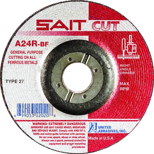 5" x 3/32" x 7/8" A24R - General Purpose Specialty Cutting Wheels, Type 27, 12,200 Max RPM, United Abrasives 22070