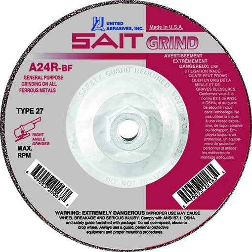9" x 1/4" x 5/8"-11 A24R Long Life Depressed Center Grinding Wheels, Type 27, United Abrasives 20096