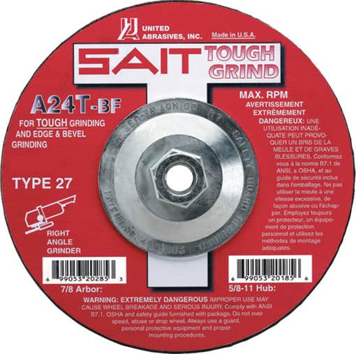7" x 1/4" x 5/8"-11 A24T - Edge Grinding Depressed Center Grinding Wheels, Type 27, 8,500 Max RPM, United Abrasives 20185