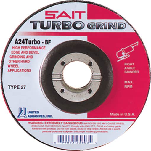 9" x 1/4" x 7/8" A24Turbo - Hard Edge Depressed Center Grinding Wheels, Type 27, 6,600 Max RPM, United Abrasives 25809