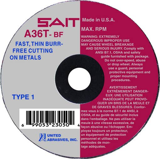 6" x .035" x 7/8" A36T - Fast Cutting Thin High Speed Cut-Off Wheels, Type 1, 10,186 Max RPM, United Abrasives 23210