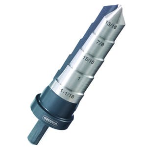 13/16"-1-1/16" Brute Platinum XSR Step Reamers, 5 Steps: 13/16", 7/8", 15/16", 1", 1-1/16", 2 Flute Design, Flute Length: 2-3/4", Overall Length: 4-5/8", 90° Drill Point, Safety Collar Stop, Champion Cutting Tool