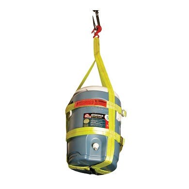 Cooler Sling with Hook - 3, 5, or 10 Gallon, 2" Yellow Polyester Webbing, 500 lb. Capacity, Buckles on (2) Belly Bands, 44" Height, Lift-All CSH10
