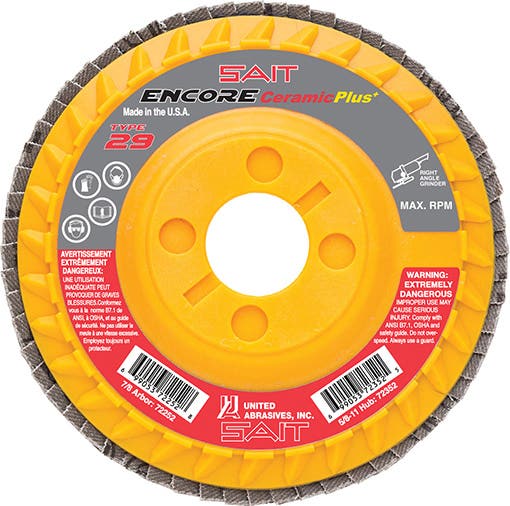 5" x 7/8" SAIT Encore Ceramic Plus+ Flap Discs, 36 Grit, Type 29, Premium Ceramic Grain, Plastic Backing, Regular Density, United Abrasives 72256