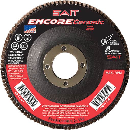 5" x 7/8" Sait Encore Ceramic Flap Discs, Type 29, 36 Grit, United Abrasives 72827