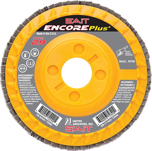 5" x 7/8" SAIT Encore Plus+ Flap Discs, 36 Grit, Type 29, Premium Zirconium Grain, Plastic Backing, Regular Density, United Abrasives 72244